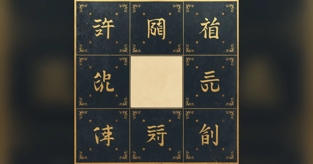 Grille de cases dorées aux caractères chinois entourant un centre vide, carte d'astrologie Zi Wei Dou Shu stylisée sur fond encre