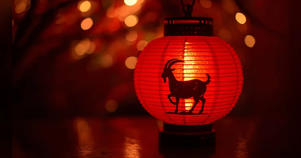Lanterne chinoise rouge à la silhouette de chèvre, lumières de fête floues en arrière-plan, année de la Chèvre de Feu 2027